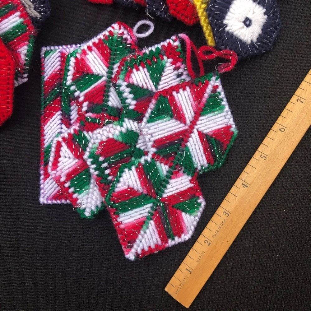 Vintage Handmade Plastic Canvas Needlepoint Christmas Ornaments - Set of 16